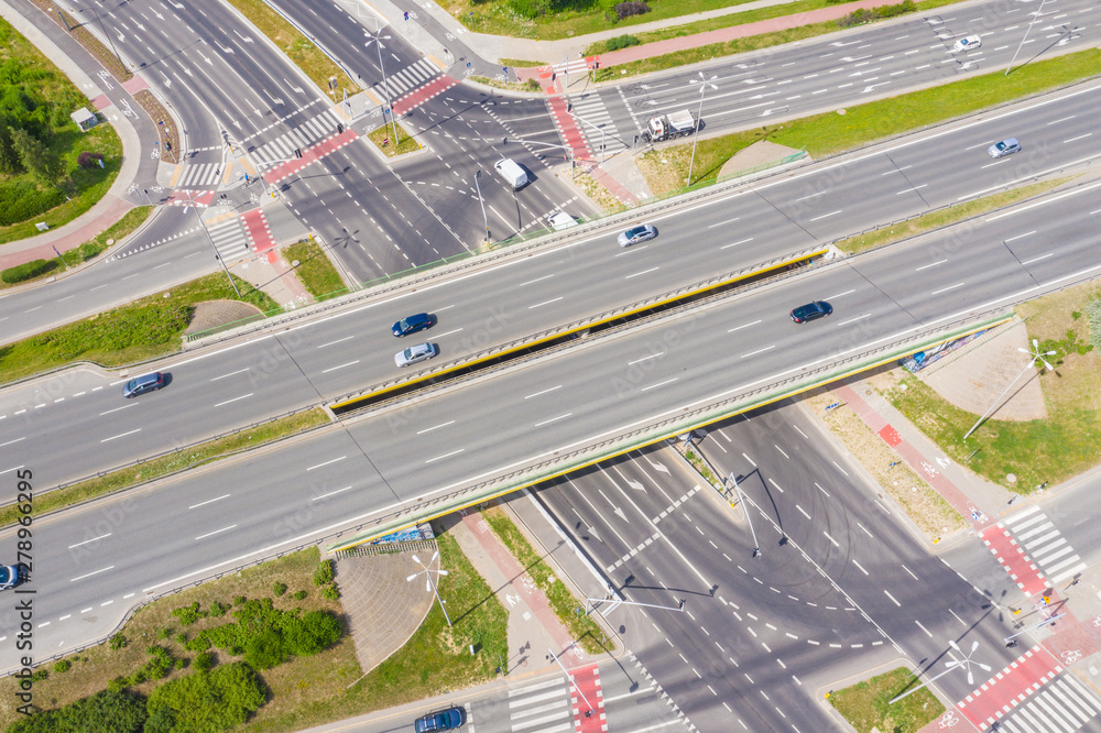 Aerial view of a freeway intersection. Clip. Highway and overpass ...