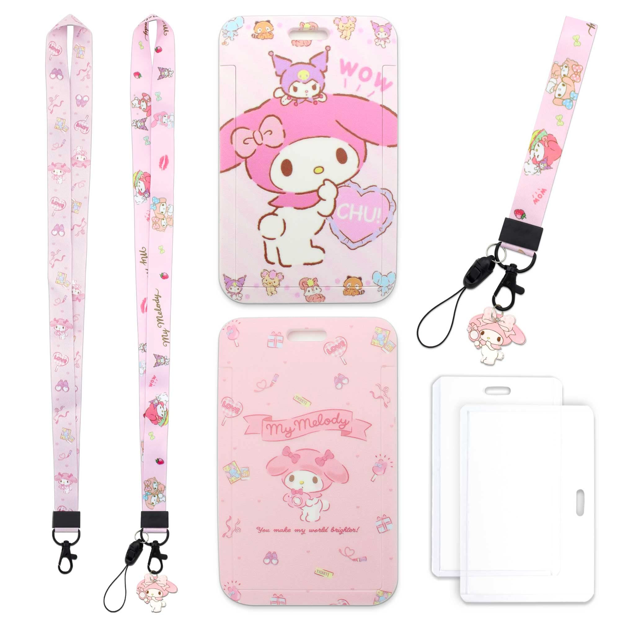 7pcs Cute Cartoon Pink Lanyard with ID Card Holder for Keys with Hard ...