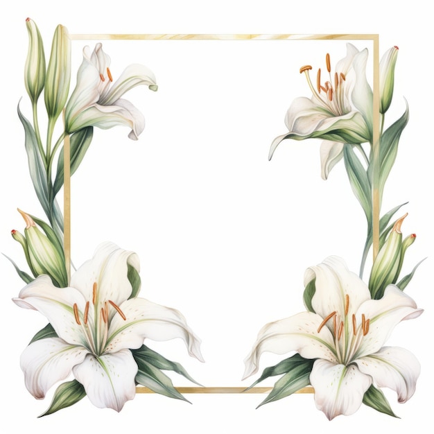 Premium Photo | Watercolor Lily Frame With Elaborate Gold Borders ...