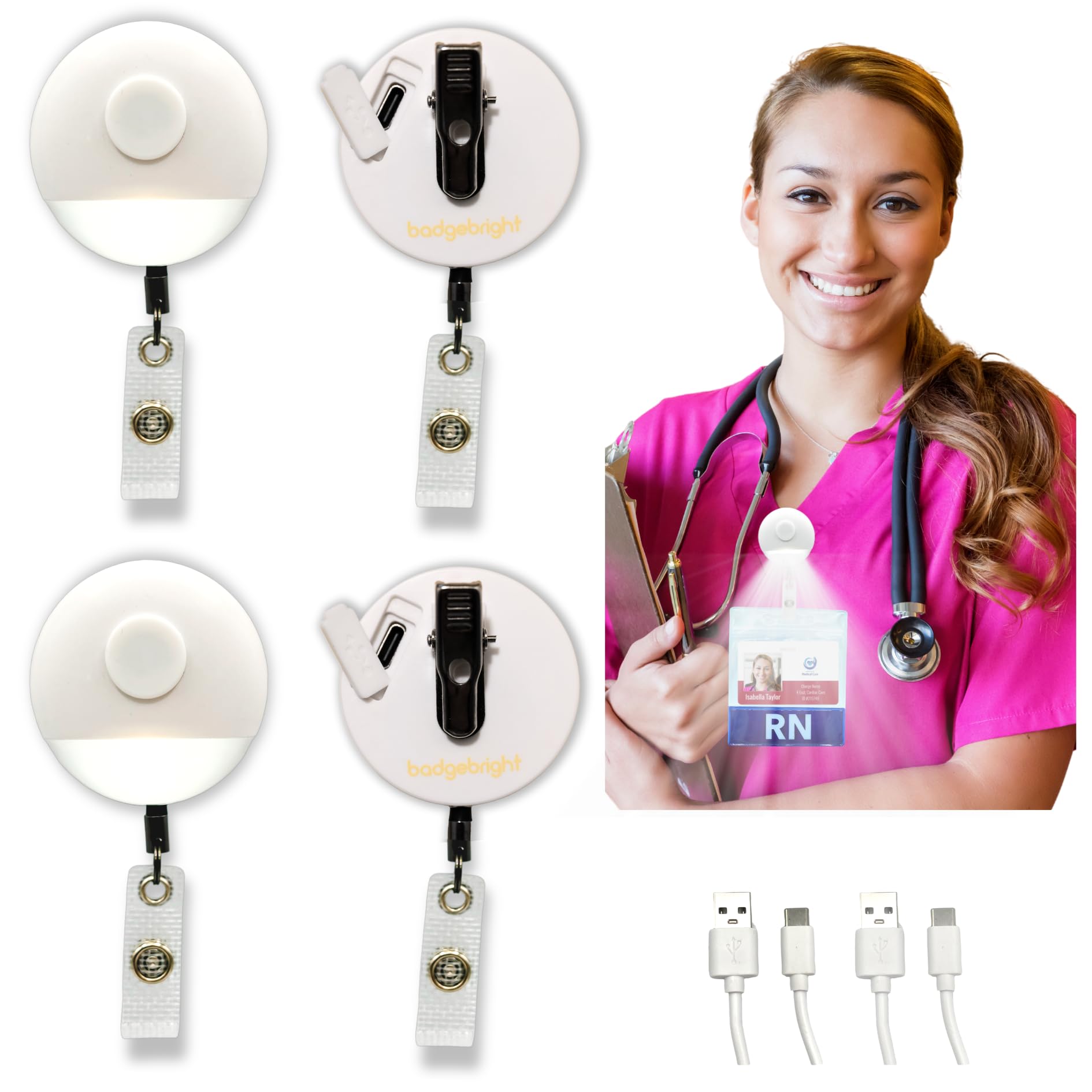 BadgeBright Rechargeable Badge Light on Retractable Badge Holder, Nurse ...