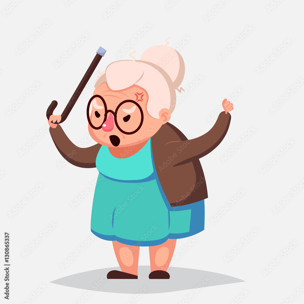 cartoon Angry Old Woman Brandishing Her Cane. Senior lady with ... - Clip  Art Library