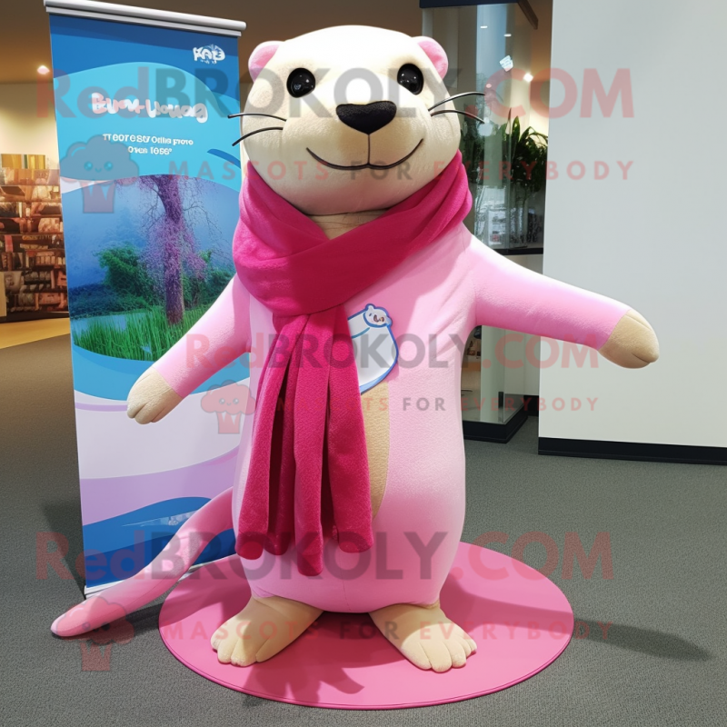 Pink Otter mascot costume character dressed with a Bootcut Jeans and ...