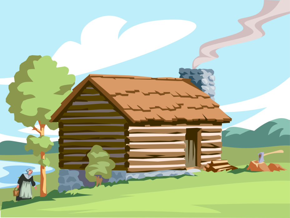 Pilgrim Pioneer Hewn-Wood Log Cabin - Vector Image - Clip Art Library