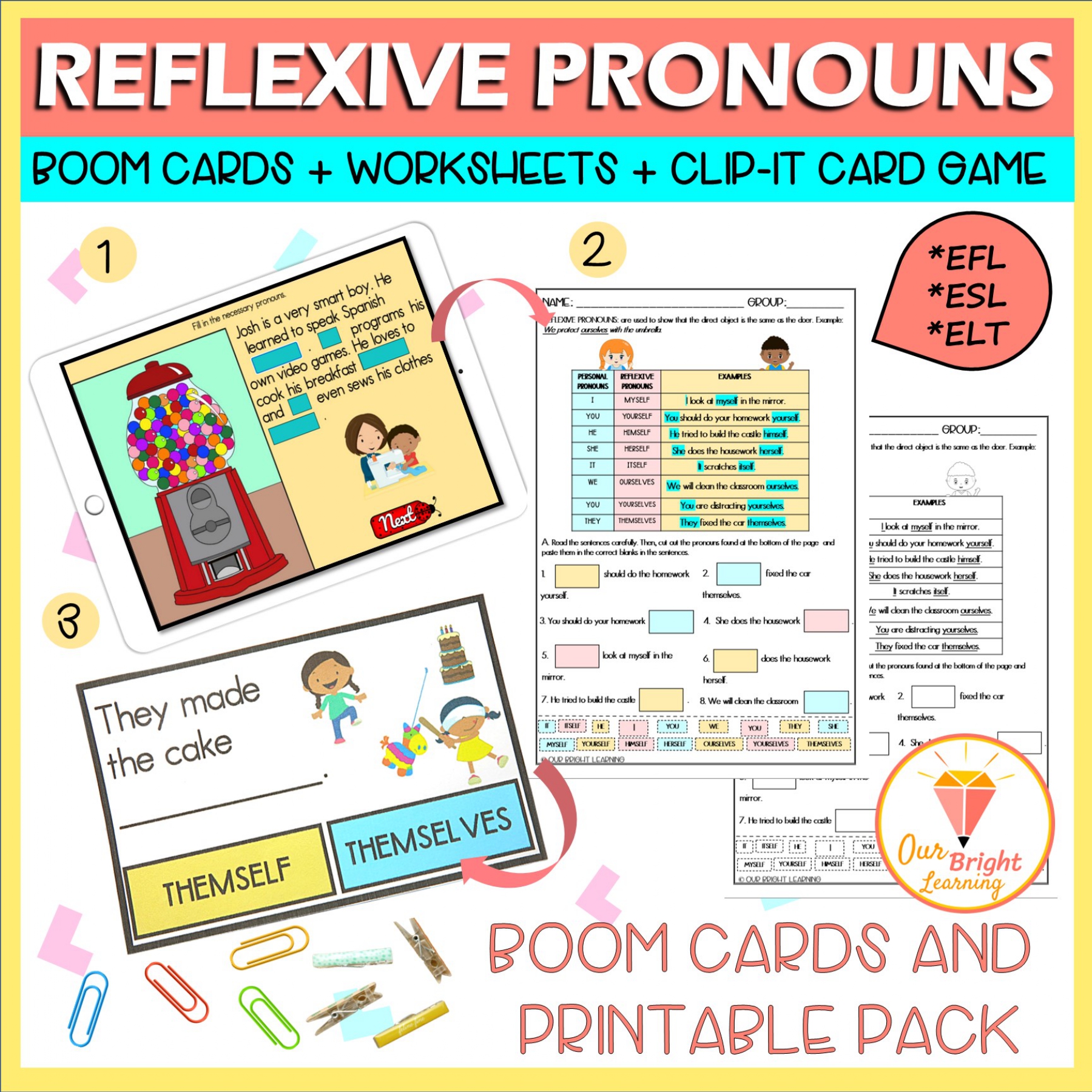 Reflexive Pronouns | BOOM Cards | Worksheets | Clip - It Card Game ...