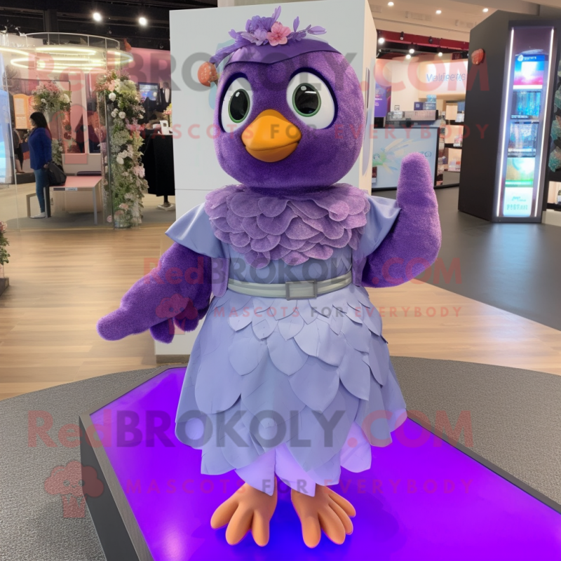 Purple Dove mascot costume character dressed with a Wrap Dress and Hair ...