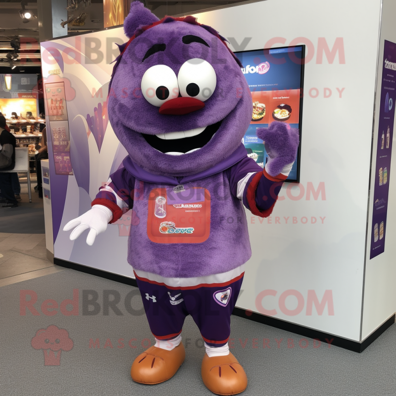 Purple Moussaka mascot costume character dressed with a Sweatshirt and ...