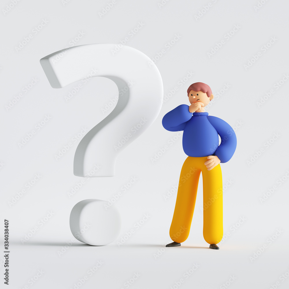 3d render. Man cartoon character thinking, searching the answer ...