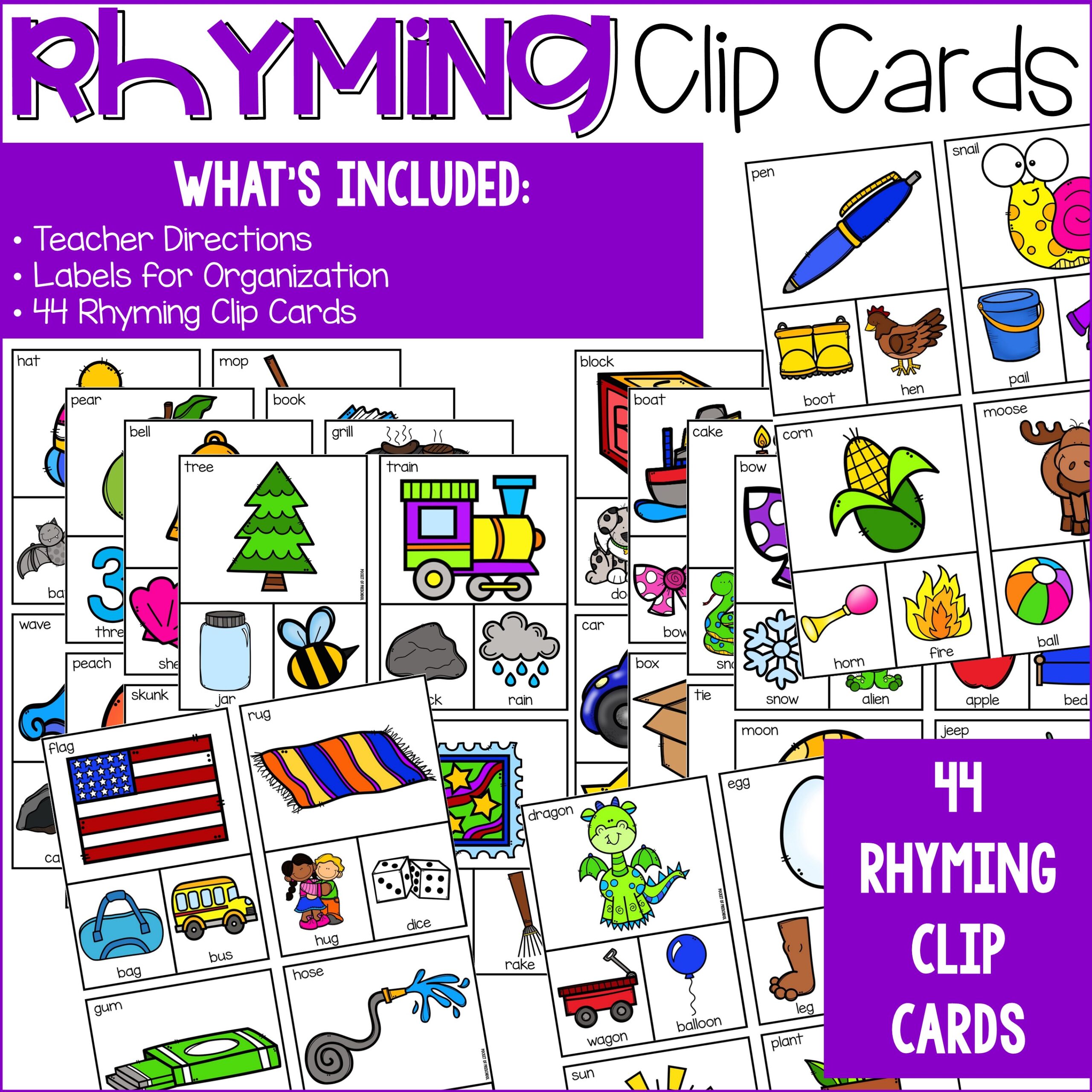 Rhyming Clip Cards Activity for Preschool, Pre-K, and Kindergarten ...