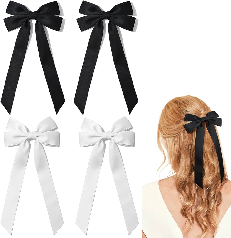 4pcs Silky Satin Hair Bows Hair Clip Black White Hair Ribbon Clips For 