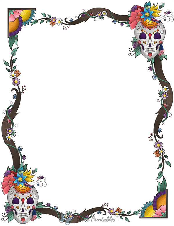 Printable Floral Sugar Skull Page Border - Clip Art Library