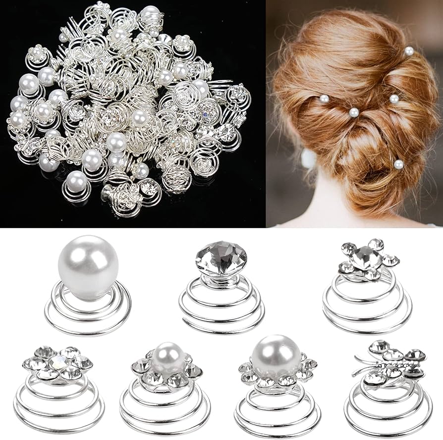 MiDoDo Pack of 84 Hair Spirals Wedding Pearls Rhinestone 7 Styles ...