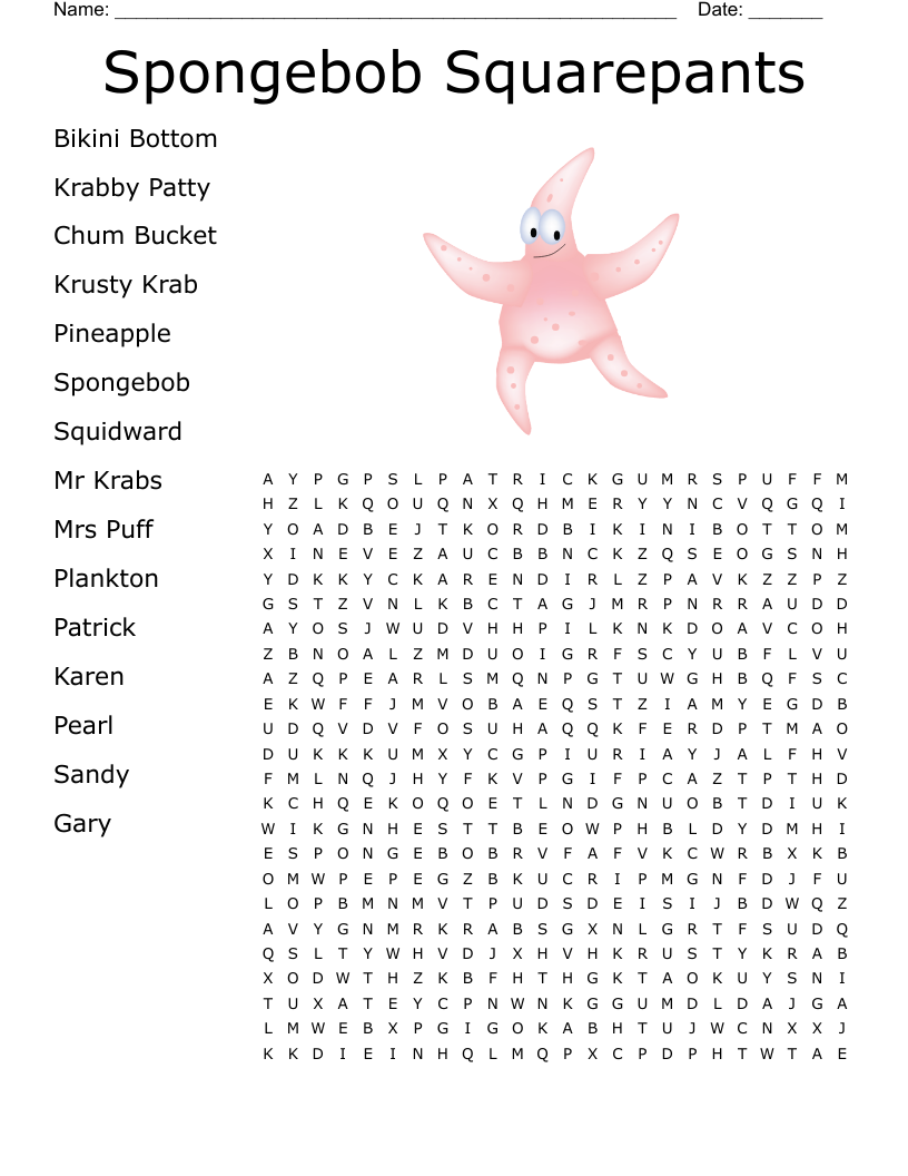 Spongebob Word Search Crossword - WordMint - Clip Art Library