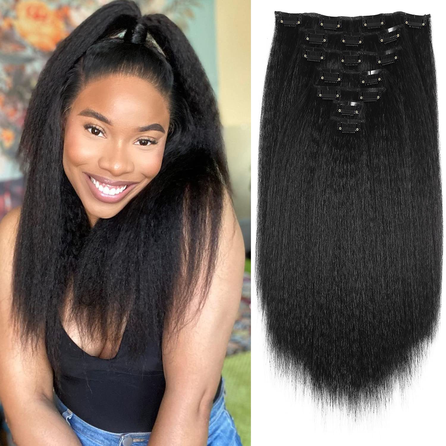 Quantum Love Kinky Straight Clips In Hair Extensions Full Head Yaki Straight Clip Ins For Black 2168