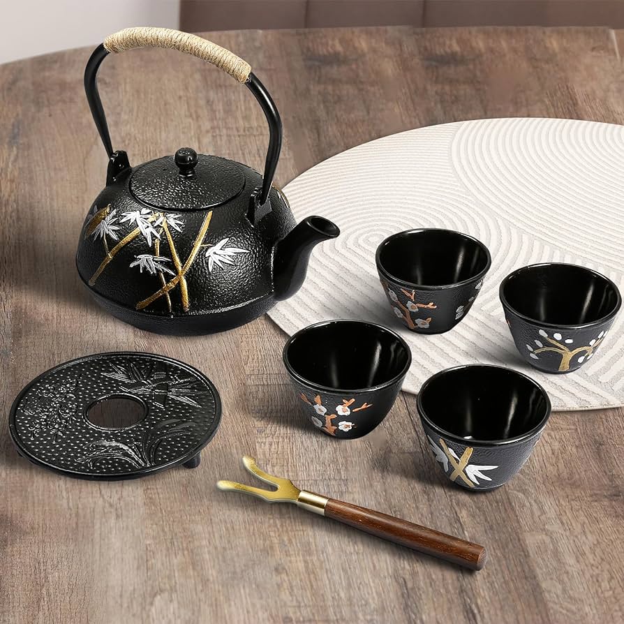 Dyna-Living Teapot Cast Iron Set, Japanese 1.2 Litre Cast Iron Teapot ...