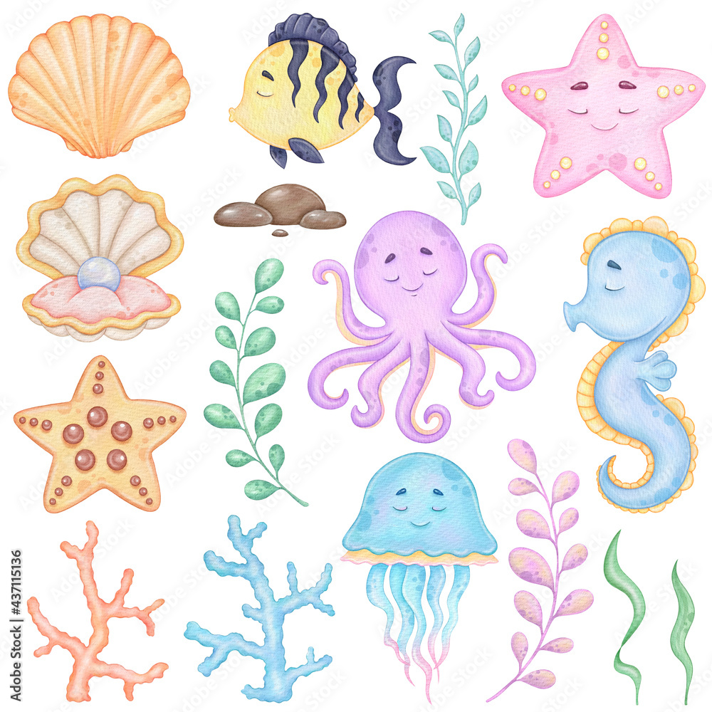 Watercolor underwater world clip art, Sea animals, Printable art ...