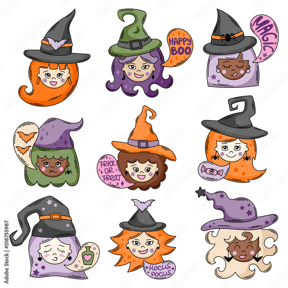 Cute witch faces vector illustration set. Funny cartoon witches ...