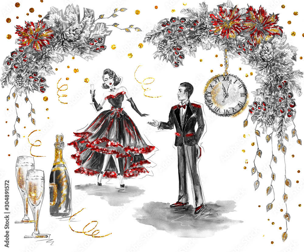 New Year Celebration Clip Art, Beautiful Vintage Style Fashion ...