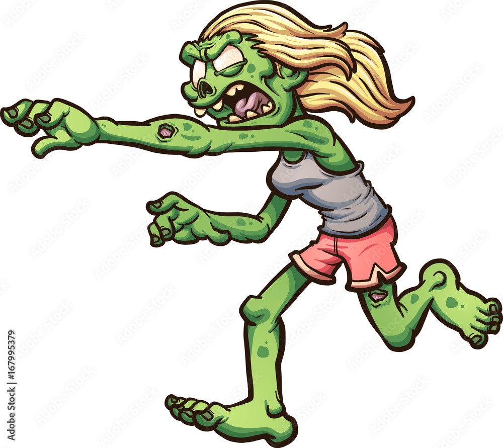 Female cartoon running zombie. Vector clip art illustration with ...