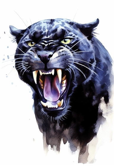 realistic, life like image of a solid black adult panther, with large white fangs showing, watercolor clip art, white background , artist rendition, sharp focus, extreme detail,