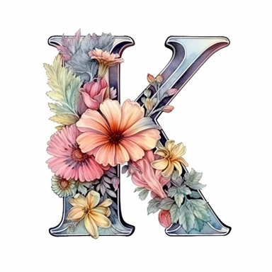 Beautiful Pastel Vintage Flower Alphabet Letter  K  Watercolor and ink Clipart, Cartoon, hyper-realistic, high contrast, intricate detail, illustration style, high solution on the white background