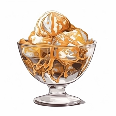 Watercolour of a toffee Ice Cream in a glass bowl , Clipart,Cartoon,hyper realistic, intricate detail isolated on a white background, high quality, sublimation, detailed, cartoon style