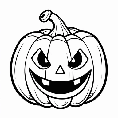 black and white children’s coloring book page. Close up of friendly looking jack-o-lantern. Clip art, simple, no background.