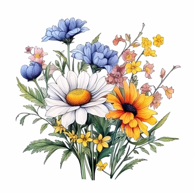 bouquet of wildflowers color pencil sketch on a white background for clipart