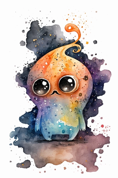 cute and adorable galaxy fire character with googley eyes, in style of watercolors, storybook illustration, clipart on white background, minimalistic and harmonic drawing