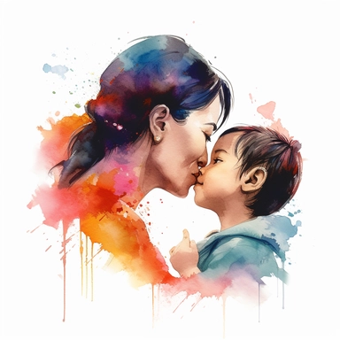 imagine watercolor, asian mother, happy, kissing child on forehead, clipart hd, profile shot, dreamy, on white background, portrait, spaced out
