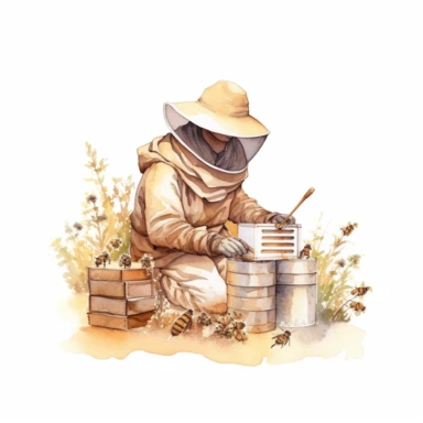 a watercolor clipart, vector of a bee keeper in the style of vintage imagery, decorative paintings, subtle shading, nature core, cottagecore, muted colors, craftcore, on a white background, uhd image