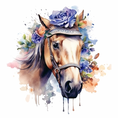 Design an enchanting watercolor clipart illustration on a white isolated background vector, featuring a graceful Western horse portrait wearing a charming cowboy hat adorned with intricate floral designs. Infuse the artistic style of Lian Quan Zhen, a renowned watercolor artist known for his fusion of traditional and contemporary techniques, to create a composition that showcases the harmonious blending of the horse, the hat, and the Western elements, capturing their individual beauty in a cohes