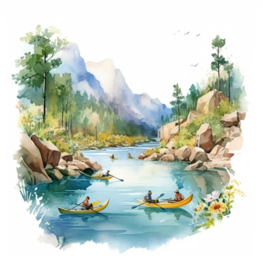 professional gouache hand-painted illustration of Mountain River in the middle surround by trees, flowers, plants, people kayaking on the river, spring, focus on the mountain, Landscape clipart, hiking, nature, camping, white background, natural form, very detailed, deep colour, 8k