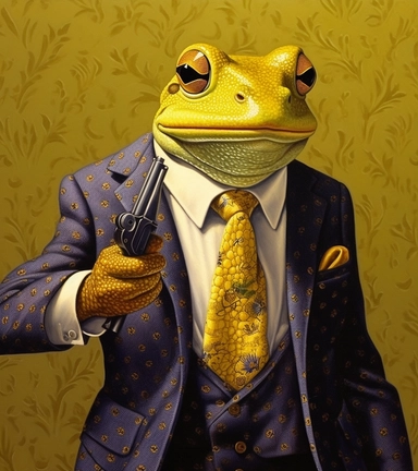 american old fashioned a frog with a gun clip art stlaaayb, in the style of brian bolland, nickolas muray, realist detail, yellow and crimson, blink-and-you-miss-it detail, dino valls, joyful and optimistic