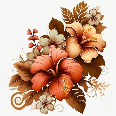 floral accents, blooming flowers like hibiscus, orchids, and plumeria. Use coral and brown colors to make them look vibrant and fresh. clipart