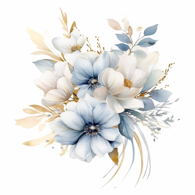 A delicate watercolor painting of chic powder blue, white, and gold three combo floral picture drawstring frame, arranged in an elegant composition, featuring soft and blended watercolor washes to create a harmonious and feminine aesthetic, clipart, png