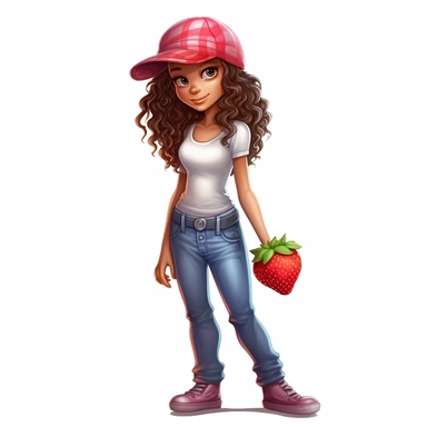 realistic full body of a cute girl long curly hair with red strawberry hat cover standing and looking to right side one hand hold a strawberry acting going to eat a strawberry in collection illustrantion clipart, no watermark, white background