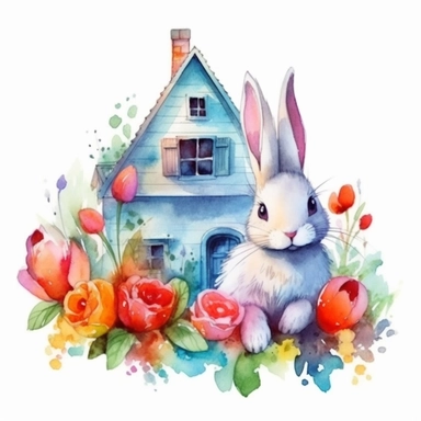 clipart, isolated on white background, Watercolor bunny and colorful eggs and animal house, easter style, detailed, flowers, ornated, vivid and vibrant and saturated colors