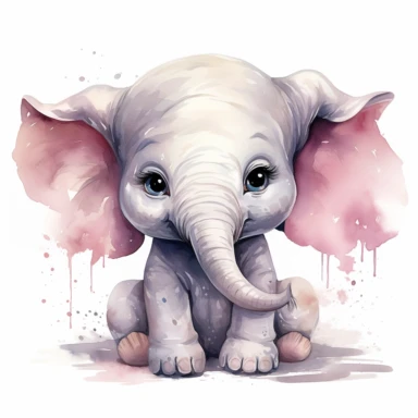 Develop a caricature watercolor-style clipart of a cute baby elephant, concentrating on its expressive face and distinctive trunk. Apply a color palette of soft grays, pinks, and white to amplify its youthful appeal. Start with the elephant's face, emphasizing its large, innocent eyes with an engaging sparkle that exudes curiosity. Use a soft gray for the face, adding a touch of pink for its healthy glow. Paint the inside of its oversized ears with a gentle pink, making sure the colors blend nat