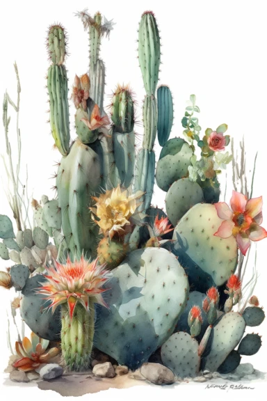 a simple clean watercolor illustrations of variety of gorgeous cactus plants, on clean white background clipart, desert theme, watercolor painting, oil painted, high quality, vibrant, Vicente Romero Redondo, Willem van Aelst, Elsa Beskow
