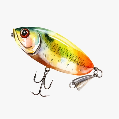 Watercolor fishing lure clipart, white isolated background, space out, hd