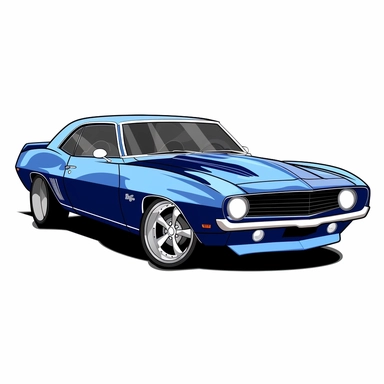 A blue American muscle car cartoon clipart on a white background, caricature-like, two-dimensional