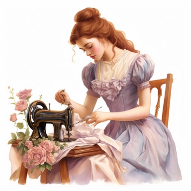 the victorian lady using a sewing machine to a dress clipart, in the style of victorian-inspired hyperrealistic illustrations, historical illustration, childlike illustration, stylish costume design, romantic illustrations, emotive colors, pastel flowers, victorian vintage color palette on her, cute and dreamy, realistic watercolors, realistic depictions of human form, white background