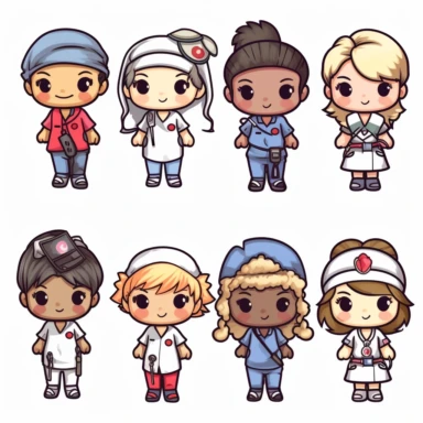 kawaii a line of adorable nurses, all genders and races, clip art