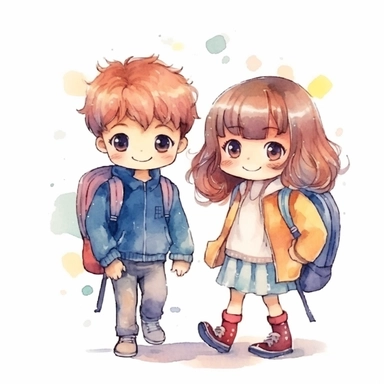 cute children back to school clipart, new normal, in the style of vibrant manga, single object, watercolor illustration, high definition 24k, white background for removing background
