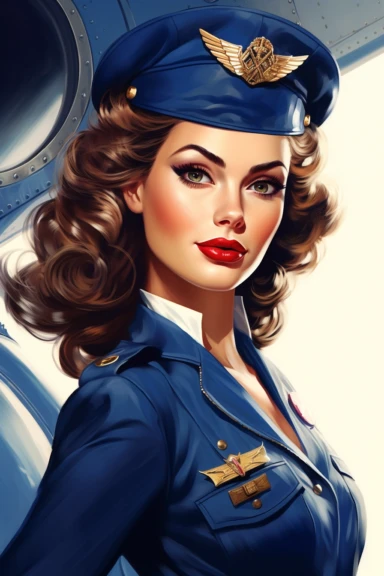 beautiful pretty pin up woman, makeup and hair vintage 50's style, dressed as pilot, paint art style, detail, clipart, white background, superrealistic, one of a kind