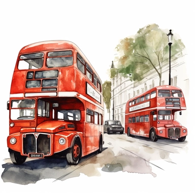 watercolor london iconic bus and taxis in streets, illustrations clipart set, simple, , cartoon elements ,different variants , separate elements with a margin