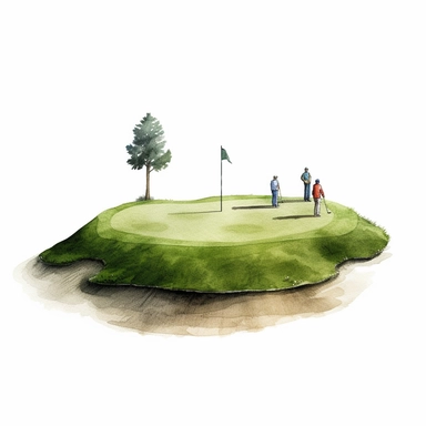 Idyllic watercolor clipart of a perfectly manicured putting green with flag and two golfers on a golf course, isolated on a pure white background, insane detail,