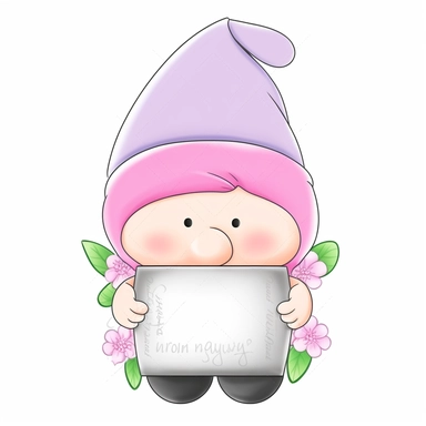an adorable, cute clipart-style Gonk gnome illustration, perfect for Mother's Day product designs. The gnome should have a sweet, cheerful expression and wear a soft pastel-colored outfit, incorporating gentle shades of pink, lavender, and mint green to convey a warm, motherly vibe. The Gonk gnome should be holding a blank whiteboard in front of him, providing a customizable space for personalized messages or designs. Add charming details such as a floral-patterned hat and a heart-shaped pendant