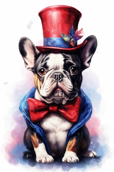 frenchie bulldog baby magician, cute, adorable, unique, watercolor, clipart, high quality, superhero, realistic, 8k