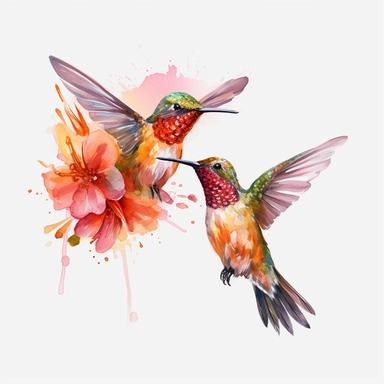 watercolor hummingbirds, high details, intricate details and no color bleed, HD, 8k, solid white background clipart